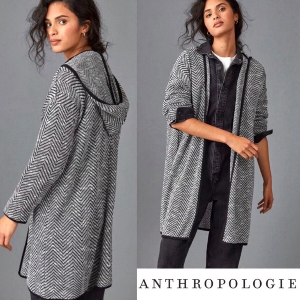 Maeve Black & White Chevron Hooded Cardigan